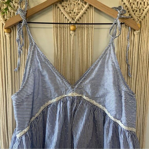 ASOS Tie Shoulder Striped Smocked Mini Sun Dress 100% Cotton Size 10 - Picture 4 of 11